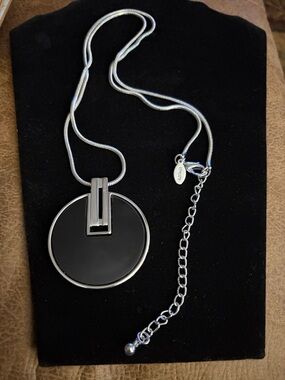 Chico's Silver-Tone Necklace with Black Round Pendant long chain like new